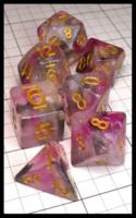 Dice : Dice - Dice Sets - MDG Return of the Unicons Clear with Pink and Brown Glitter Swirl and Gold Numerals - JA Collection Mar 2024